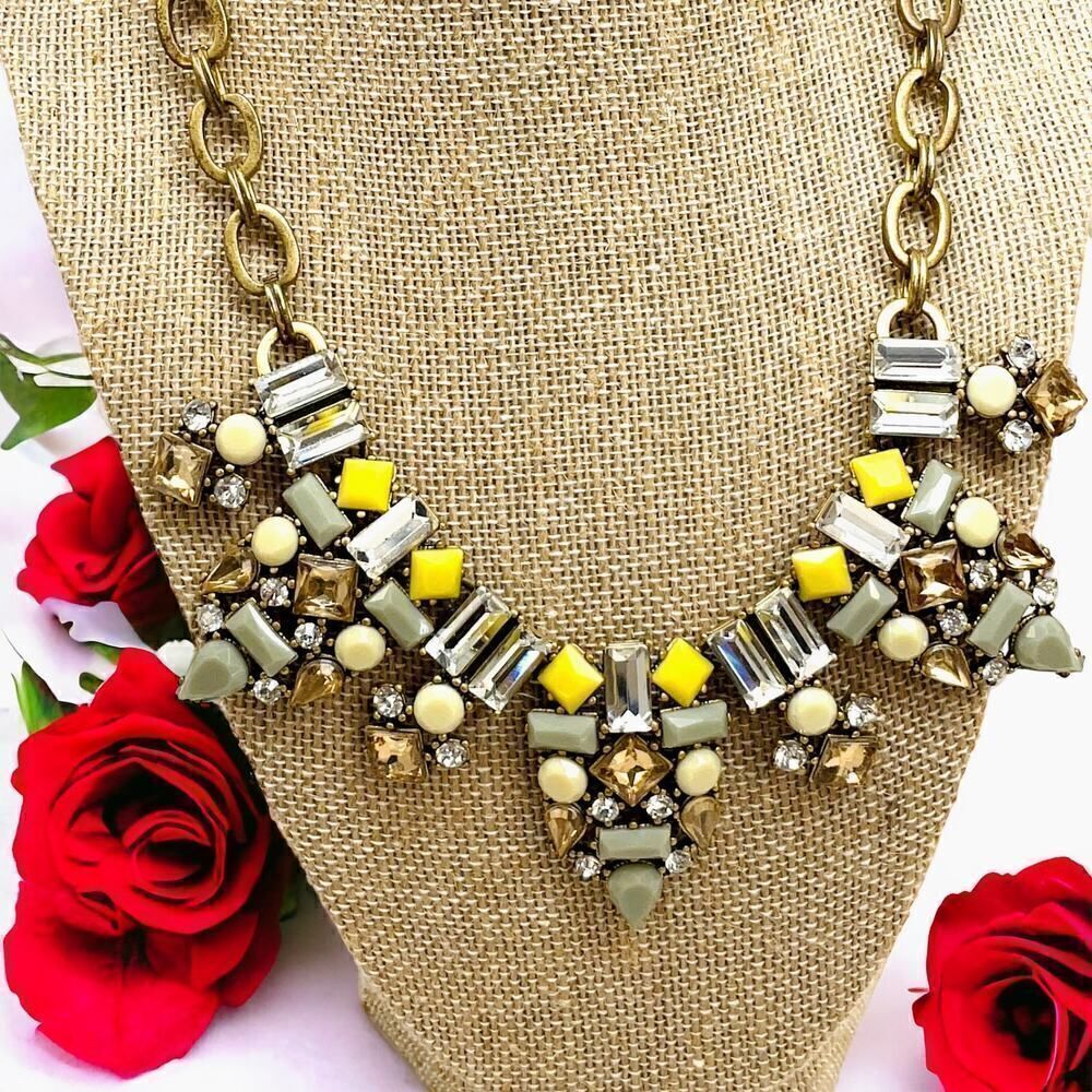 J. Crew Rhinestone Jadeite Brulee Crystal Bib Statement Necklace